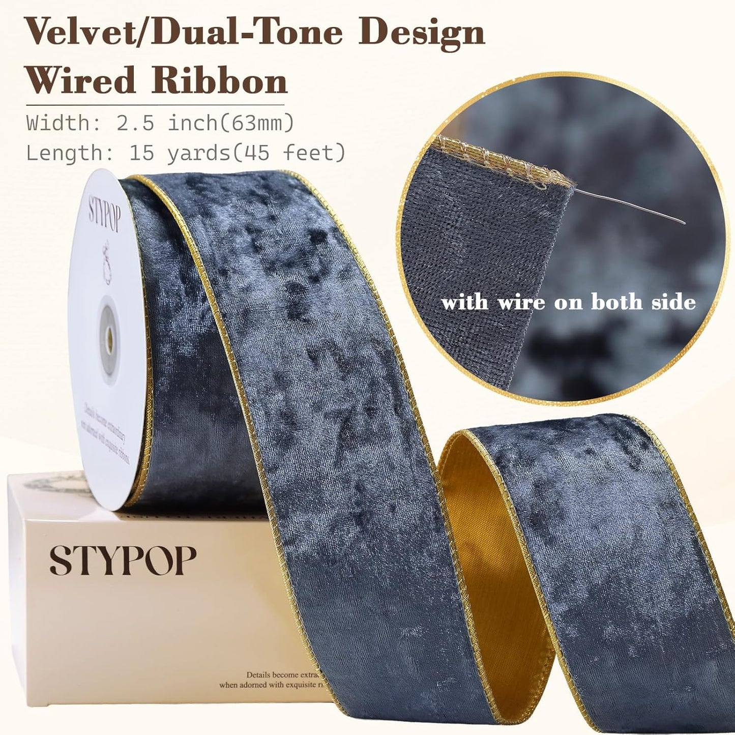 Dusty Blue Christmas Velvet Ribbon Wired (2.5" × 15 Yards) - Christmas Ribbon for Christmas Tree Decoration/Gift Wrapping/Crafts Wreaths Supplies