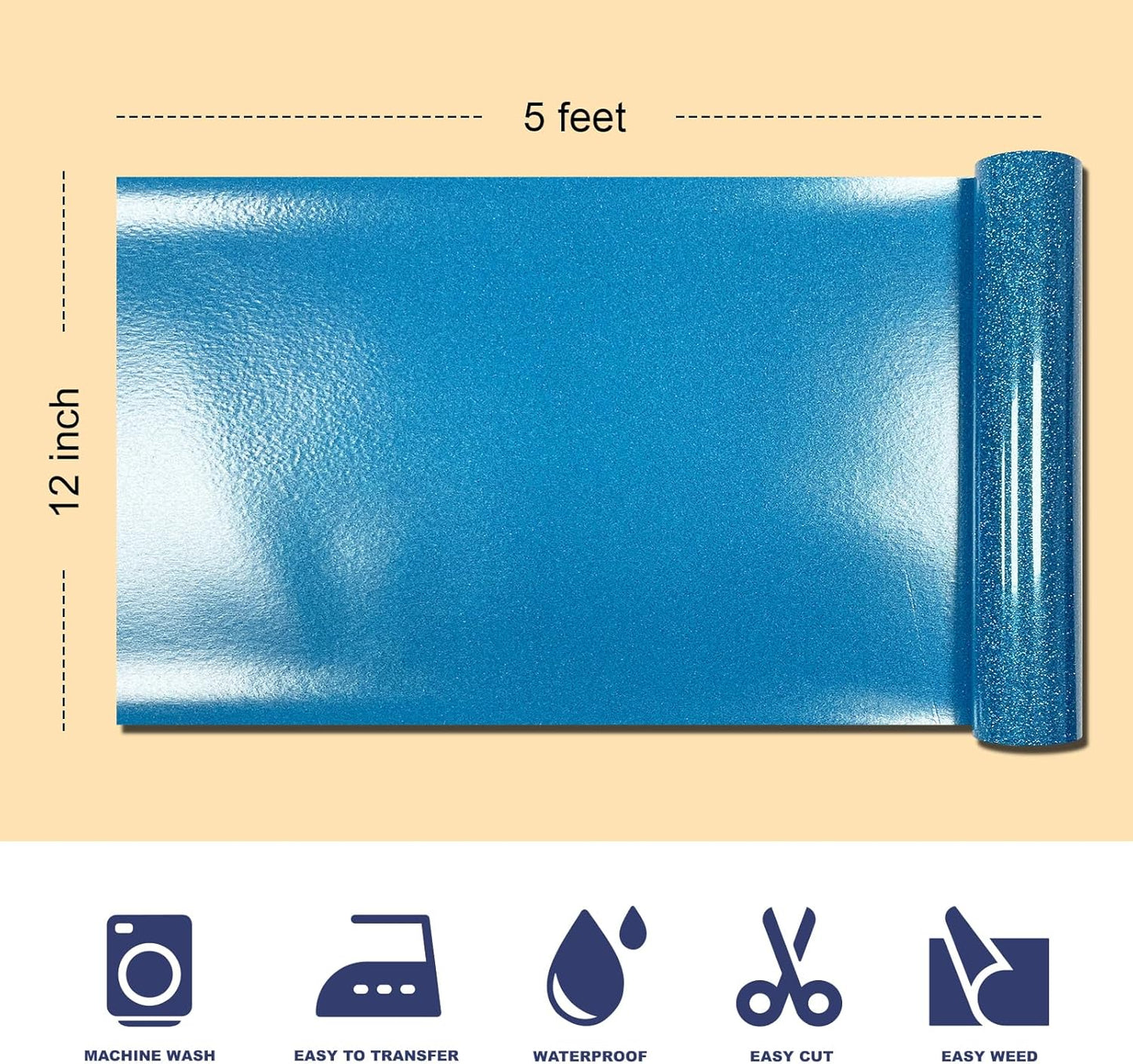 Blue Glitter HTV Heat Transfer Vinyl, 12" x 5ft lron on Vinyl, for T-Shirt Ironing, Vinyl HTV Easy to Cut and Weed, The Best Choice for DIY Creativity. (Blue, 12" x5ft)