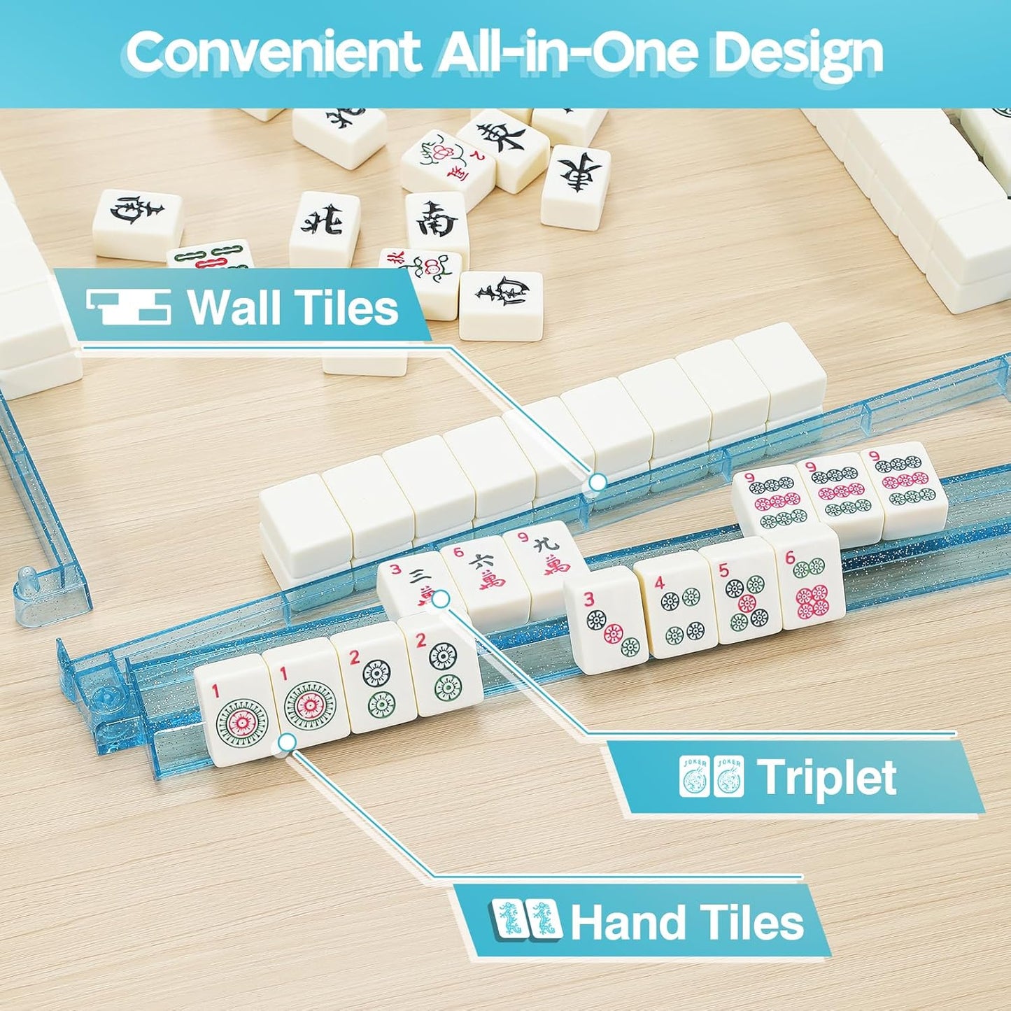 Mahjong Racks with Pushers Set of 4, Mahjong Tile Pushers and Racks, Acrylic Majiang Tile Holders Accessories (Bling Blue)