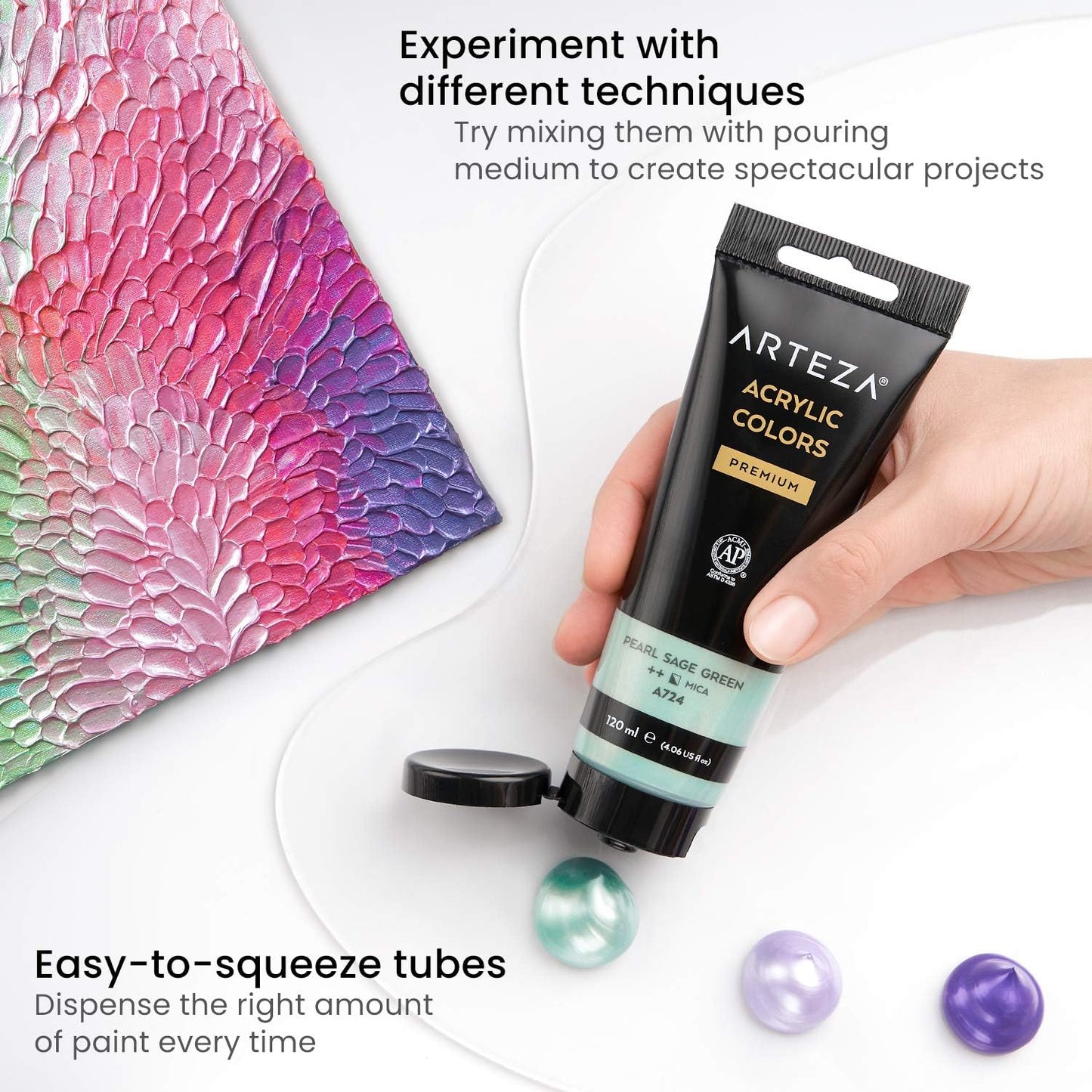 Arteza Metallic Acrylic Paint, Set of 8 Vibrant Essentials Colors 4.06oz Tubes, Rich Pigments, Non Fading, Non Toxic Paints for Artists & Hobby Painte