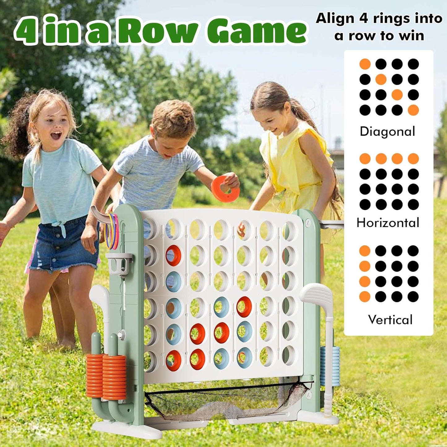 Ancaixin Giant 4 in-A-Row Connect Game Set, Adjustable Height Jumbo Yard Game with Basketball Hoop, Golf, Mesh Pocket & Ring Toss, Indoor Outdoor Family Backyard Party Game for Kids and Adults, White