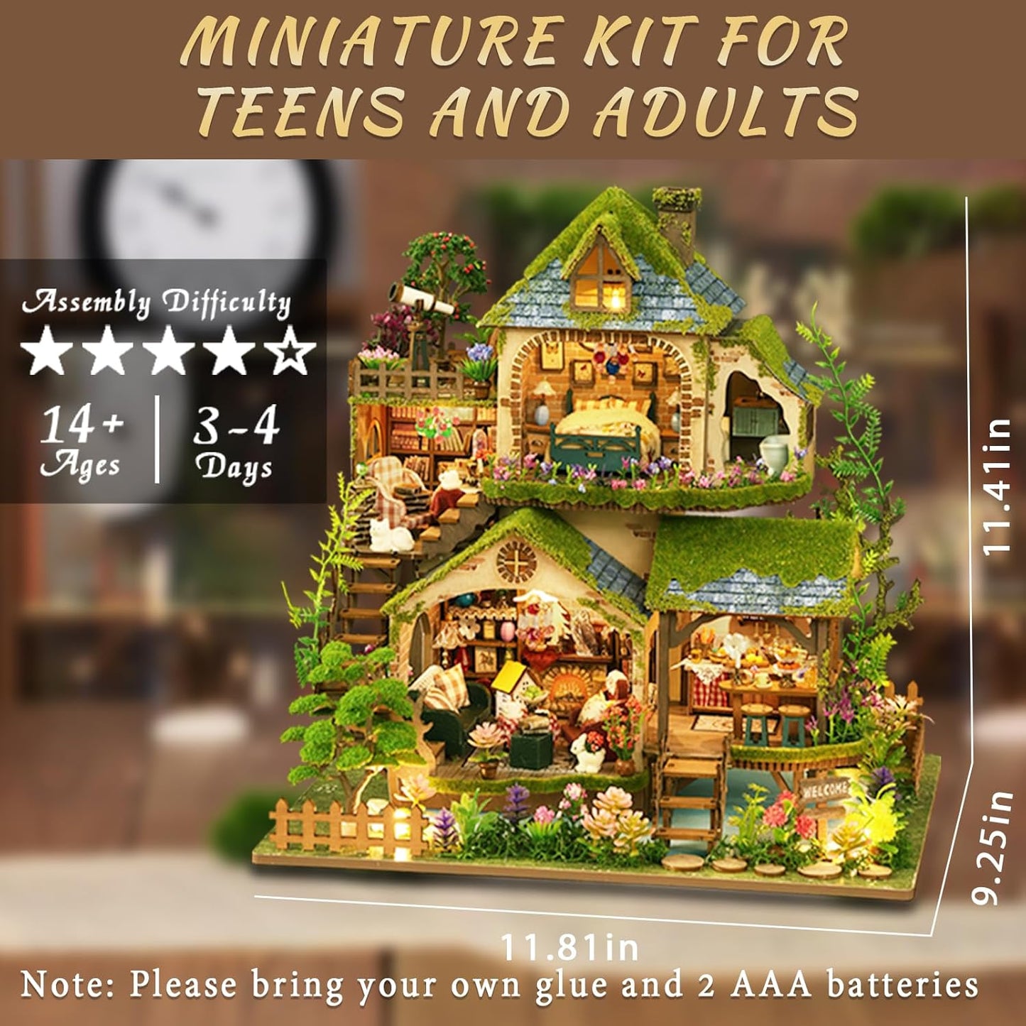 DIY Miniature House Kit, Mini House Building Kit with LED, DIY Miniature Kit for Adults Teen, Dollhouse Kit, Forest Adventure