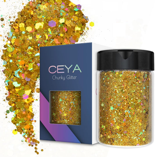 Ceya Holographic Chunky Glitter, 4.9oz/ 140g Lazurite Gold Craft Glitter Powder Mixed Fine Flakes Iridescent Nail Sequins for Nail Art, Hair, Epoxy Resin, Tumblers, Slime, Painting, Festival Decor