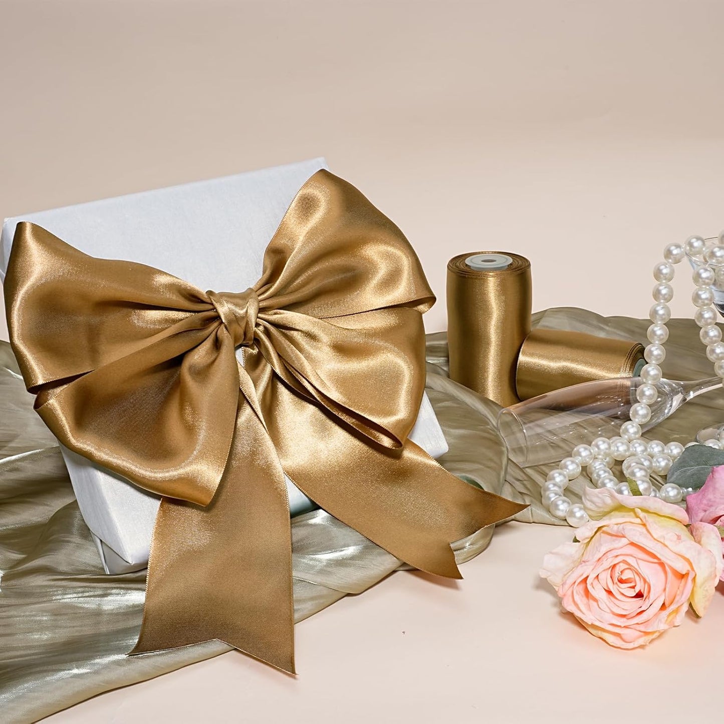 LaRibbons Pale Gold Satin Ribbon 3 Inch 10 Yards Double Faced Luxury Pale Gold Silk Ribbon for Gift Wrapping Flower Bouquets Bow Christmas Wedding Party Decoration