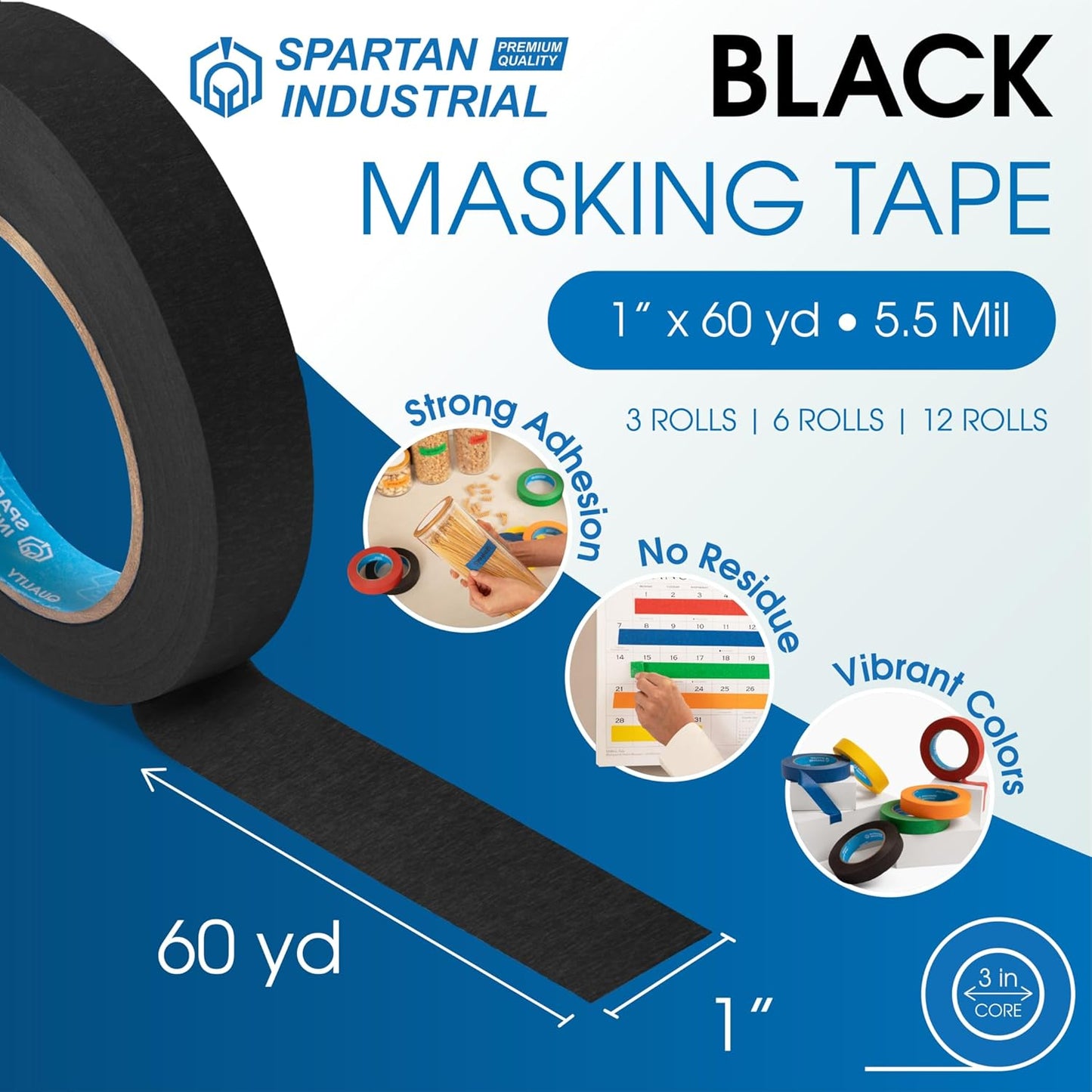 Spartan Industrial - 1" X 60 yd Black Tape - 6 Colored Masking Tape Rolls for Home, Office, School Use - No Residue, 5.5 Mil