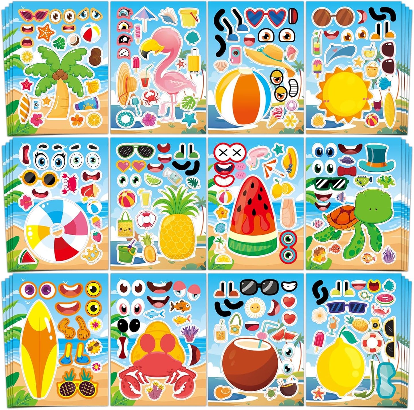 Aowplc 48 Sheets Summer Fun Make-a-Face Sticker Set for Kids – Create Your Own Faces with Beach, Tropical & Animal Stickers – Ideal Summer Crafts, Party Favors & Creative Activities