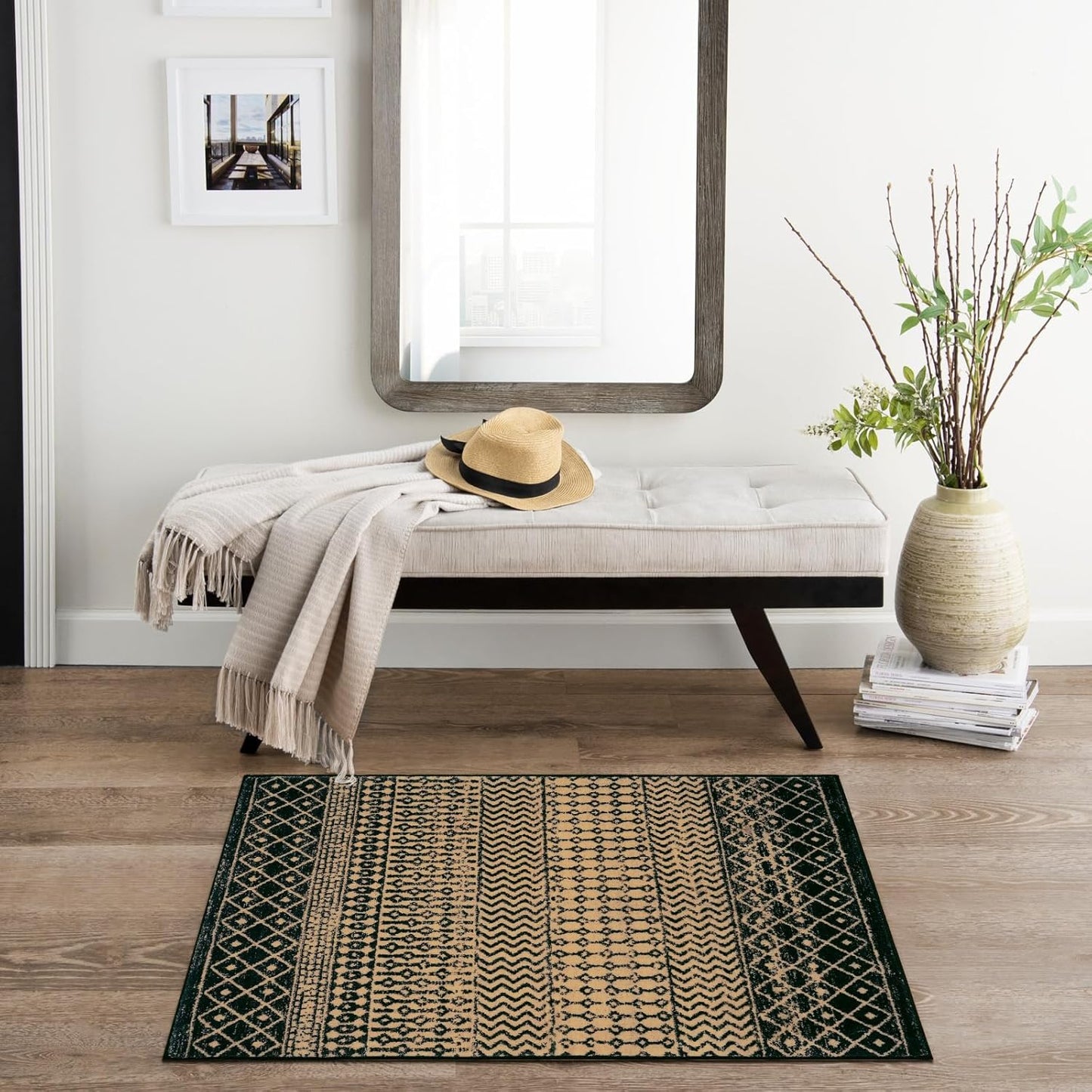 Moroccan Door Mat Indoor Entrance, 2x3 Machine Washable Small Rug for Bedroom, Non-Slip Low Pile Natural Brown Rug Farmhouse Rugs for Entryway Kitchen Bathroom