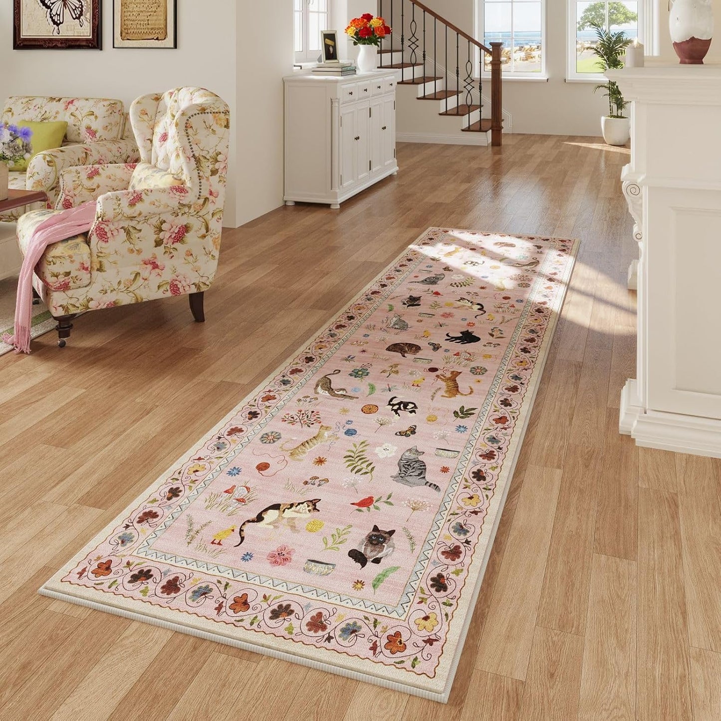 Rugcomf Runner Rug for Kitchen Non Slip 2'x6' Washable Rugs with Rubber Backing Soft Floral Animal Cat Carpet Runner for Kitchen Laundry Bedroom Bathroom, Pink