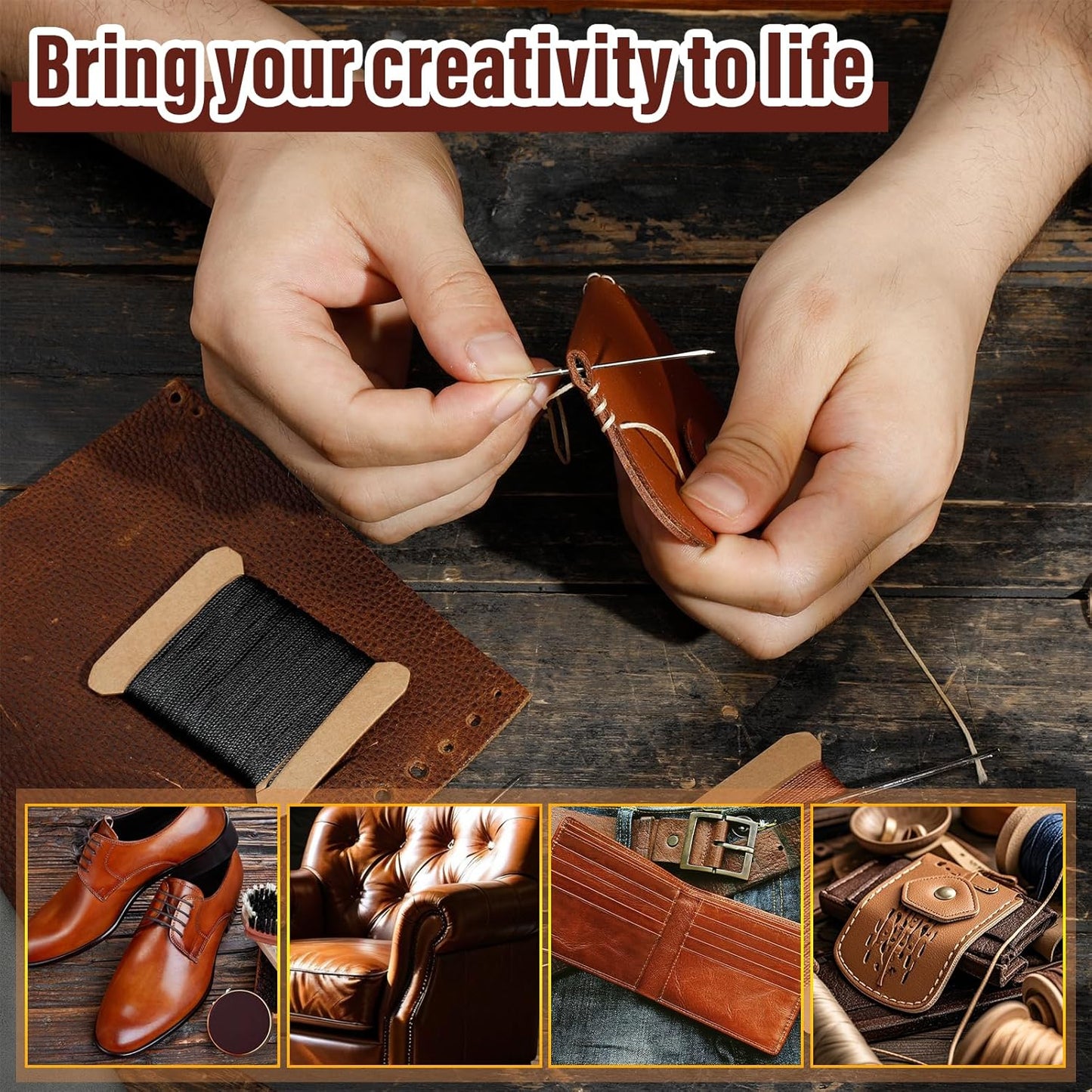 KAQRHFT Upholstery Repair Kit and Upholstery Needle, 0.55mm 98 Yard Waxed Thread with 8 Pcs Heavy Duty Leather Needles for Hand Stitching, Canvas & Quilting - Round Waxed Cord- Black/Brown/Beige