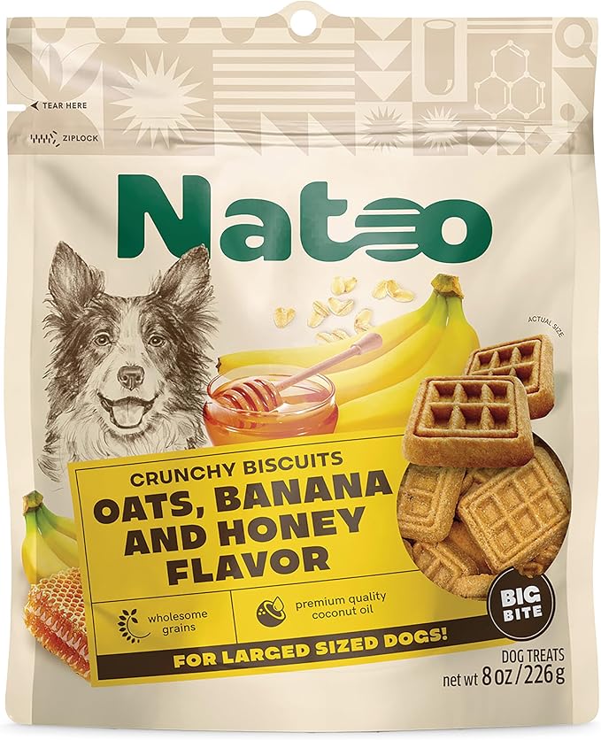 NATOO Dog Treats for Large Breed, Crunchy Biscuits Oats Banana and Honey, Natural Dog Treats, Rich in Omega 6, Prebiotics and Fiber, Antioxidants for Immunity, 8oz