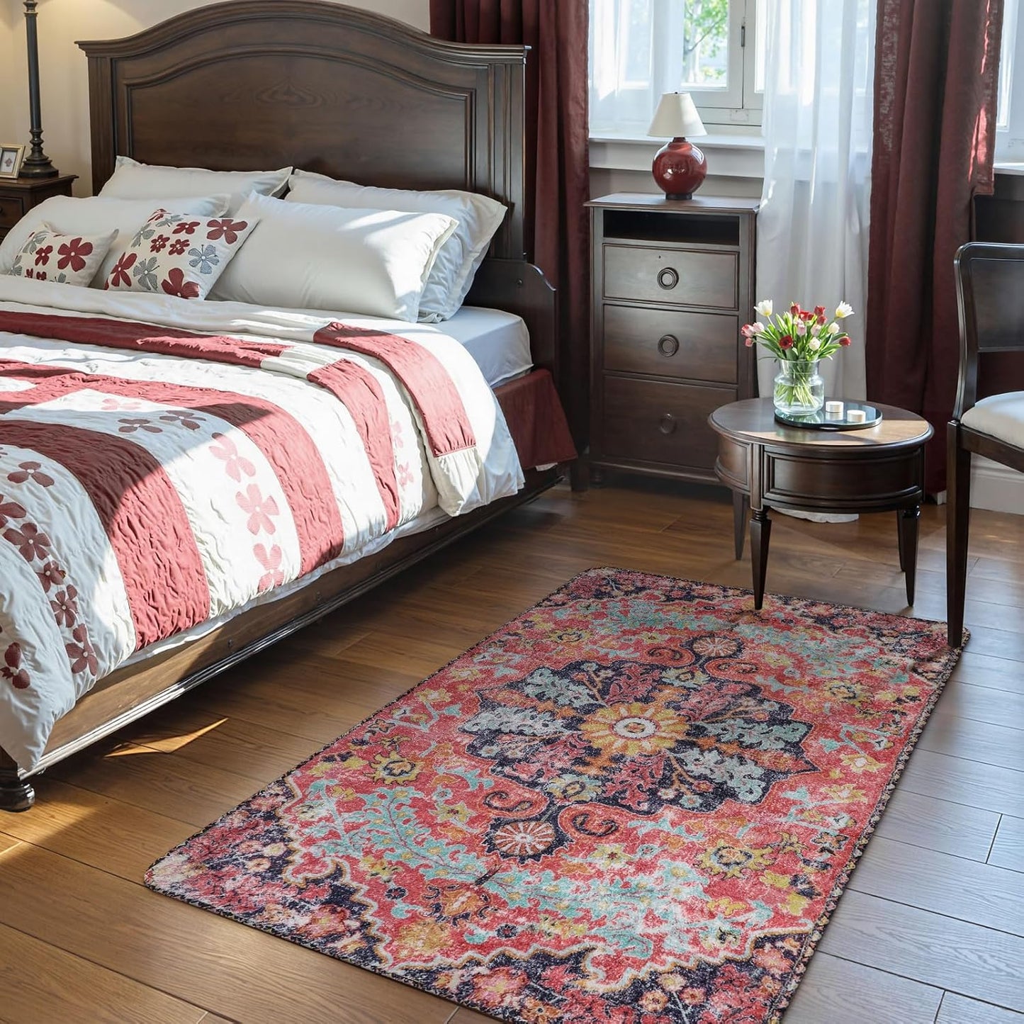 Lahome Bohemian Floral Medallion Area Rug - 3x5 Hot Pink Rug for Girls Room Front Entry Mat, Non-Slip Machine Washable Soft Throw Carpet for Bathroom Apartment Entrance Laundry, Fuchsia/Multi