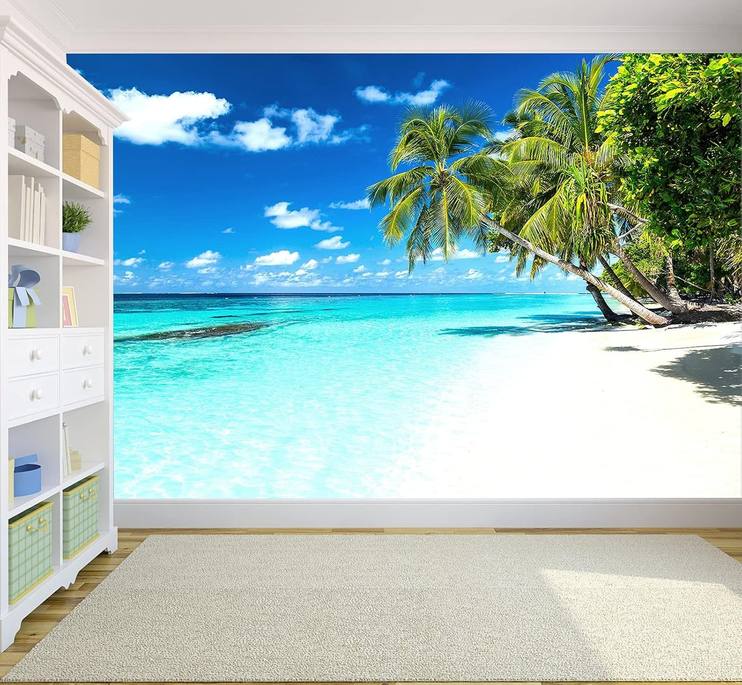 Palm Tree Wall Mural Tropic Paradise Beach Seascape Murals Wallpaper for Walls Bedroom Living Room Bedroom TV Background Kids Room Decoration（Not Peel and Stick）