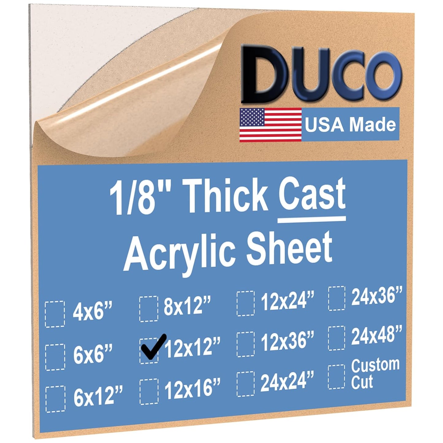 Duco USA-Made Clear Cast Acrylic Sheet 1/8 Inch Thick 12" x 12" - 1 Pack of Transparent Plexiglass Sheet - Lightweight Acrylic Board for Window Replacements, Displays, Signs, and More