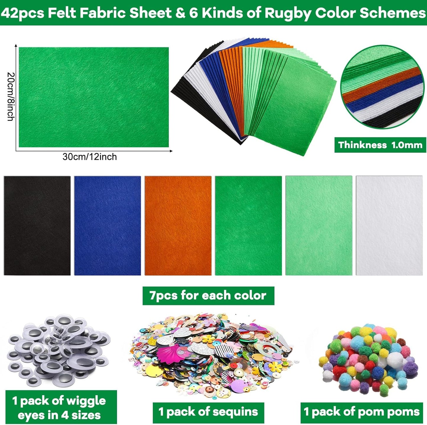 gisgfim 42Pcs Football Felt Fabric Sheets Craft Kit 8 x 12 Inch Green Brown Assorted Colors Thick Felt Pack with Wiggle Google Eyes Pompoms Glitter Patchwork Craft for DIY Sewing Art Project Decor