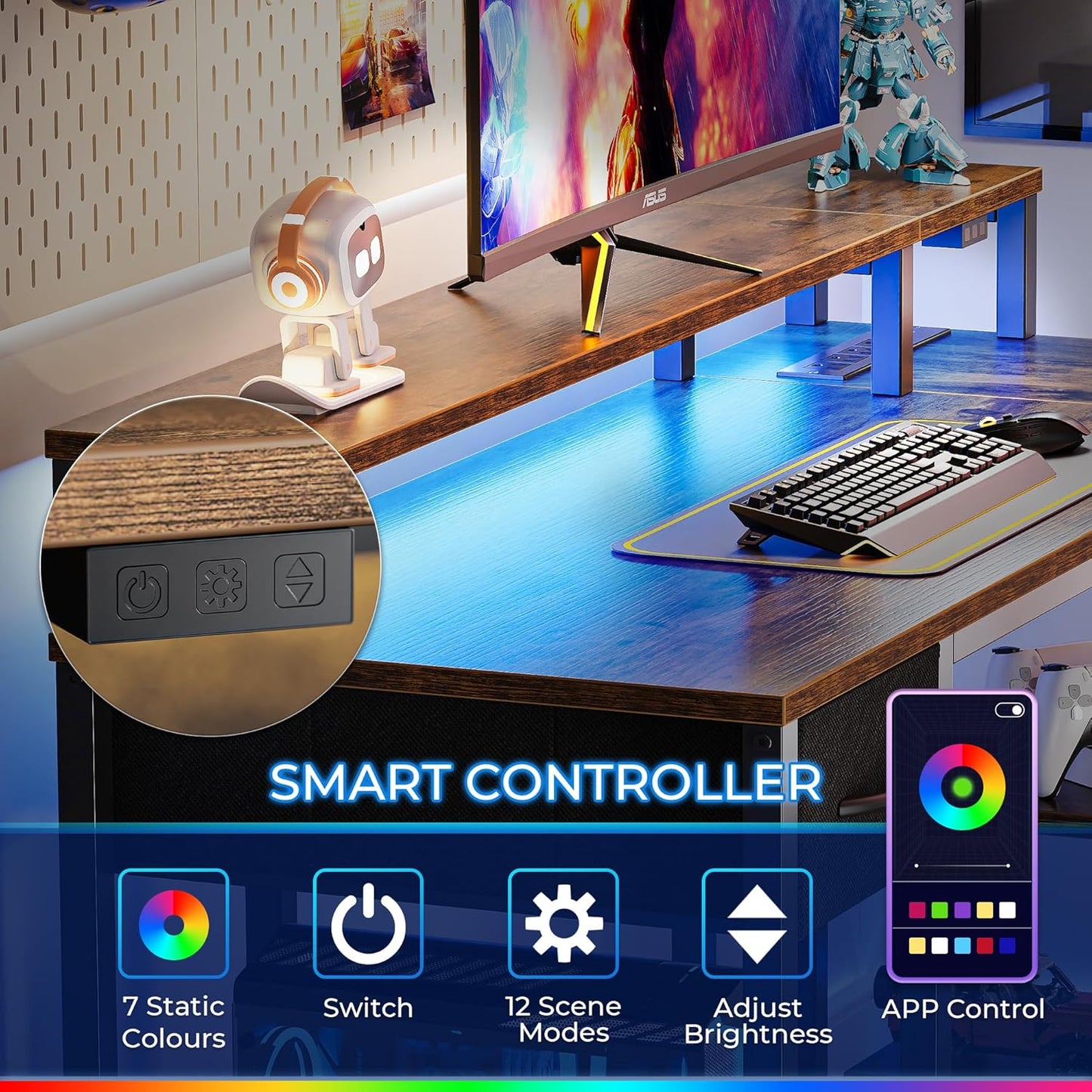 SUPERJARE 53 inch Reversible L Shaped Desk with LED Lights & Power Outlets, Computer Desk with Shelves & Monitor Stand, Gaming Desk with Drawer, Home Office Desk Corner Desk, Rustic Brown