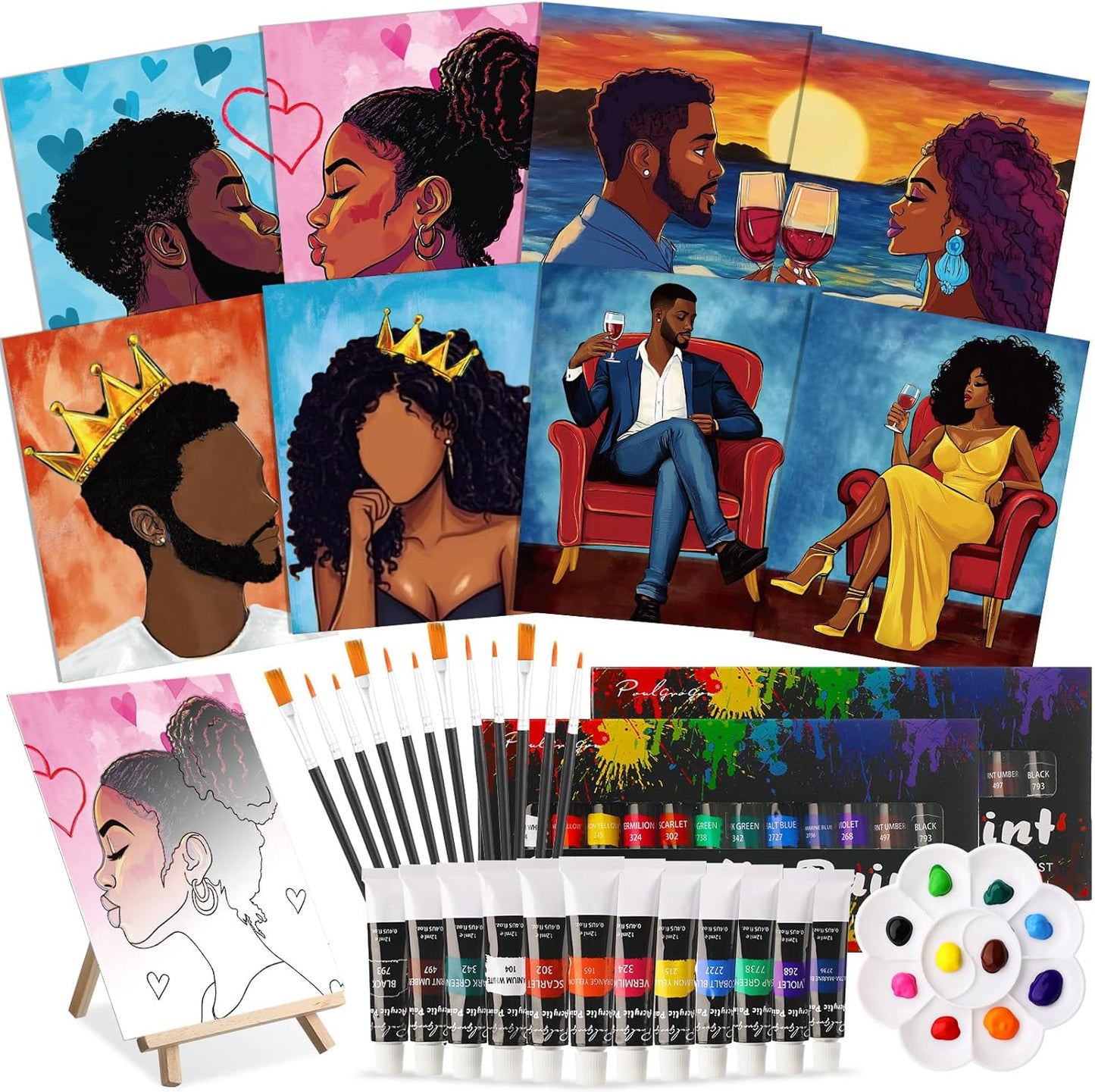 Cholemy 36 Pcs Paint and Sip Kit for Adults 8''x10'' Pre Drawn Canvas for Painting DIY Afro Acrylic Painting Kit Wood Easel Brushes Date Night Bulk for Christmas Party Gifts(Couple)