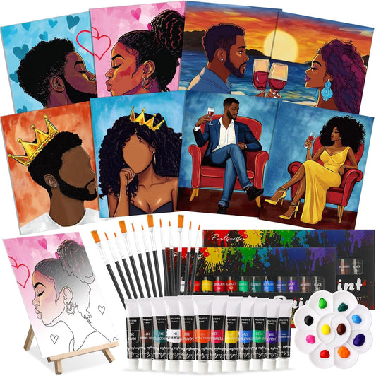 Cholemy 36 Pcs Paint and Sip Kit for Adults 8''x10'' Pre Drawn Canvas for Painting DIY Afro Acrylic Painting Kit Wood Easel Brushes Date Night Bulk for Christmas Party Gifts(Couple)