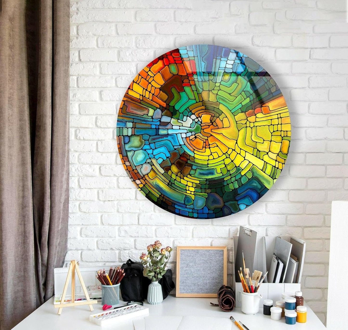 My Photostation.com 20''(50cm) Diameter Stained Yellow Round Glass Wall Art Tempered Glass Printing Wall Decor Large Wall Art Wall Hangings