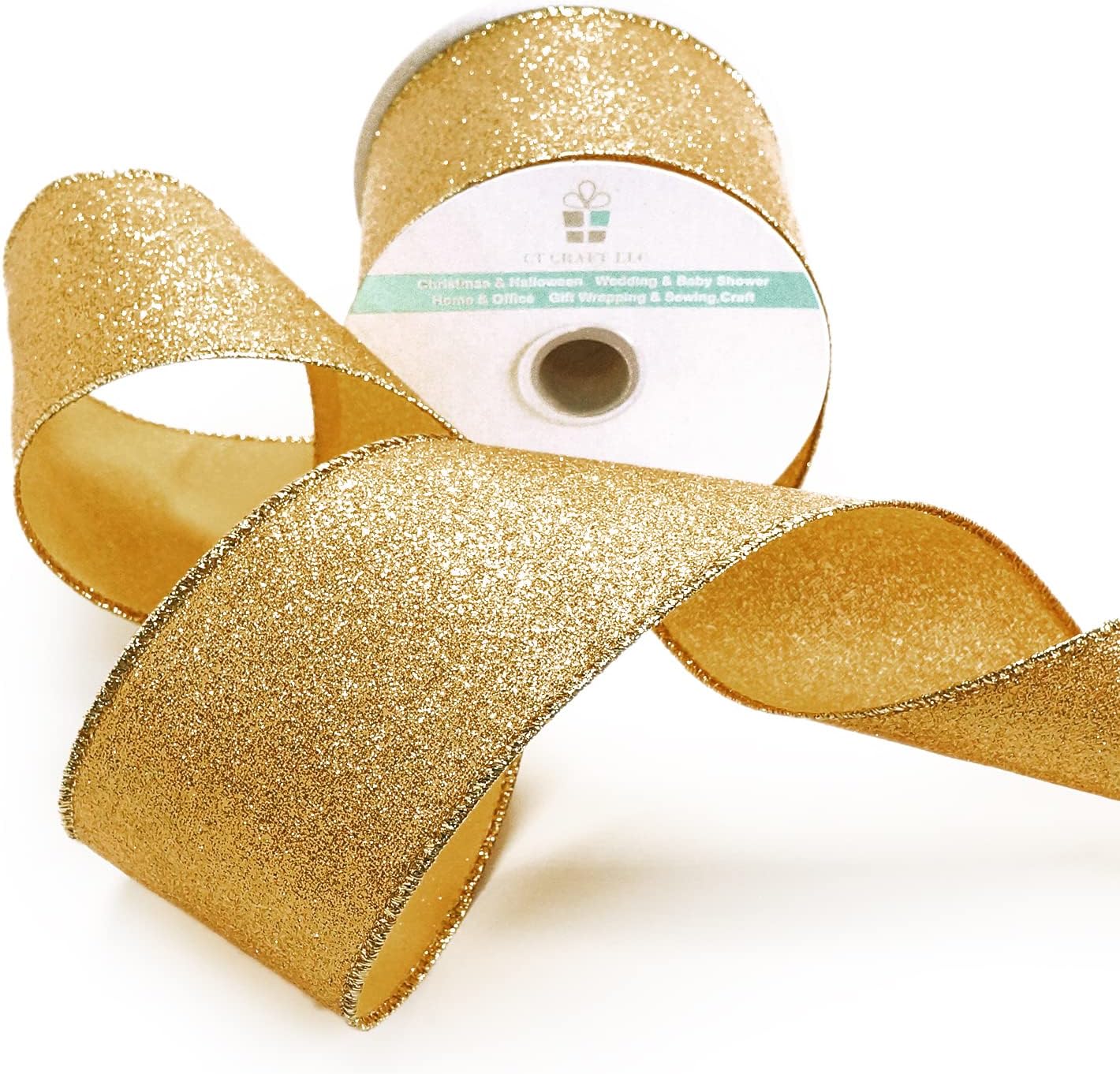 CT CRAFT LLC Glitter Wired Ribbon 2.5" x 10 Yards Yellow Gold for Christmas Home Decor Bow Gift Wrapping DIY Crafts Wreath