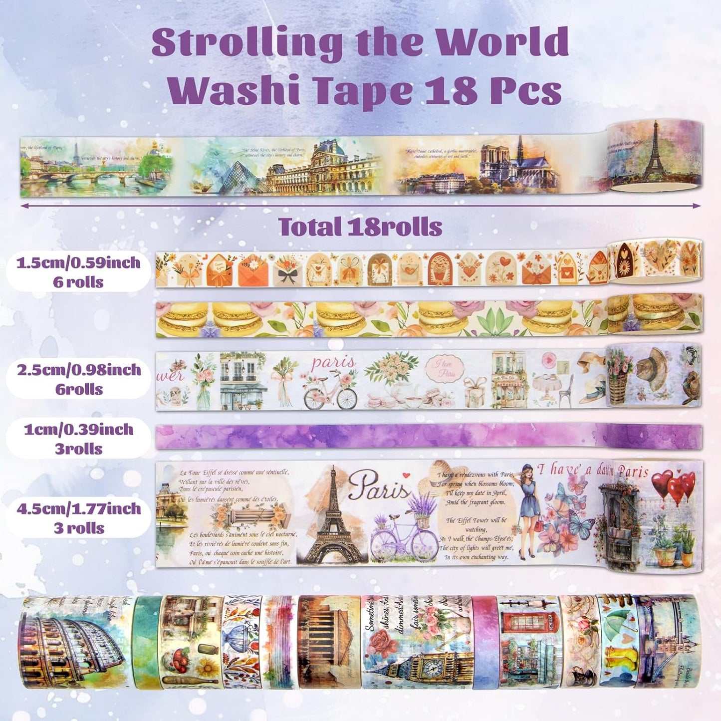 MPOPUUL Washi Tape Set 18 Rolls - European Tourism Decorative Adhesive Masking Tape for Journaling, Vintage Colored Tape for Junk Journaling Supplies, Scrapbooking Supplies, DIY Crafts, Planner