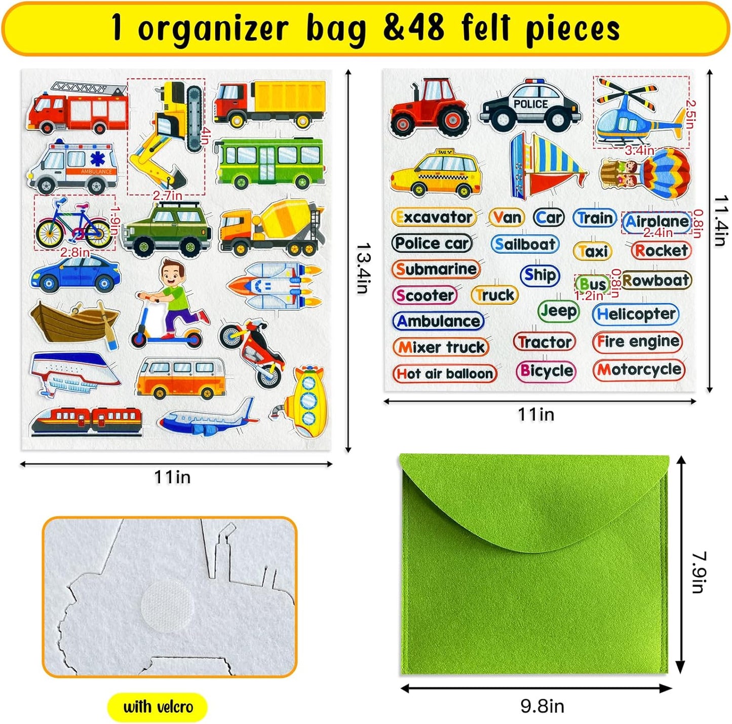 Felt Transportation Vehicles Learning Pieces,48 Felt Flannel Board Pieces,Air Land Sea Airplane Learning for Toddlers for Kindergarten,Preschool,Toddlers