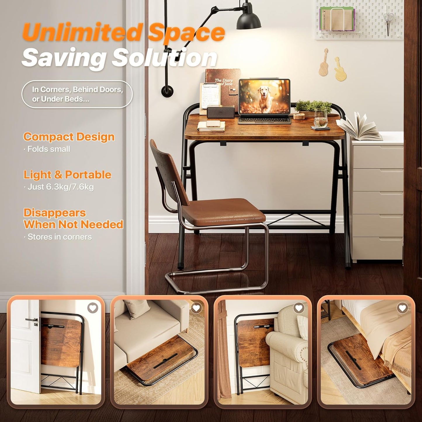 Huuger Folding Desk with 3-Level Adjustable Height and Tablet Slot, 24 Inch Foldable Computer Desk for Small Spaces, Space Saving, Writing Work Table for Home Office, Bedroom, Study, Rustic Brown