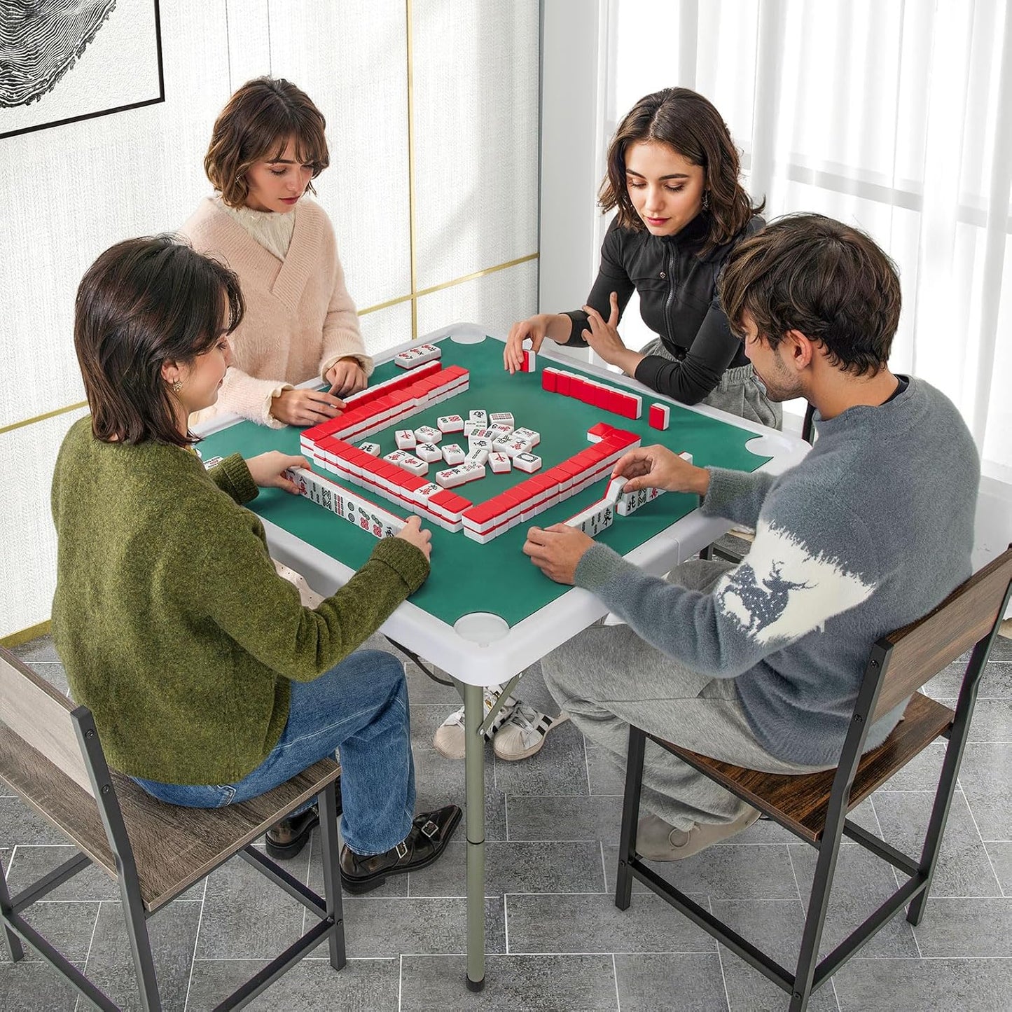 Giantex Folding Mahjong Table, 35" Square Card Table with Cup Holders, Removable Noise Reduction Mat, HDPE Tabletop, 4-Player Portable Domino Tables for Poker Blackjack Board Game (Pure Green)
