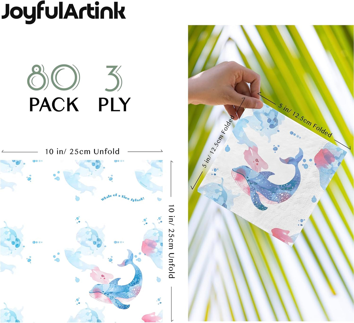 80 pcs Premium Designer Cocktail Beverage Napkins, 3-Ply 5 x 5-inches Disposable Napkin, Aqua Amore Dreams of Whale