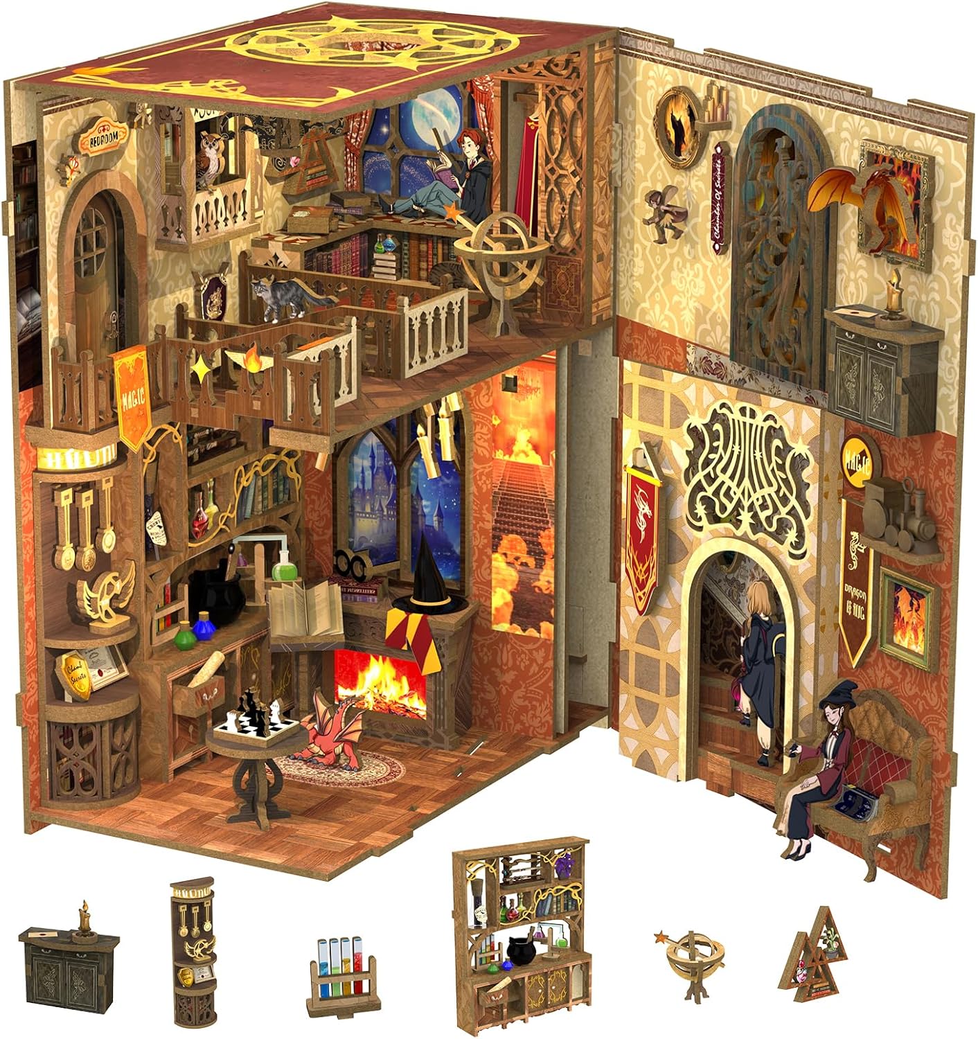 CUTEBEE Book Nook Kit - DIY Miniature House Dollhouse Kit for Adult and Teens, Booknook Bookshelf Decor Alley Model Build with LED Light, Gifts for Family and Friends (Flame Common Room)