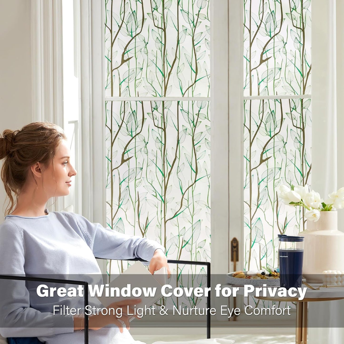 Donox Frosted Glass Window Film Heat Control UV Blocking, Static Cling Reusable Home Bathroom Door Window Privacy Film, Green Leaf Pattern Window Covering with Installation Tool, 35.4 in x 13.1 feet