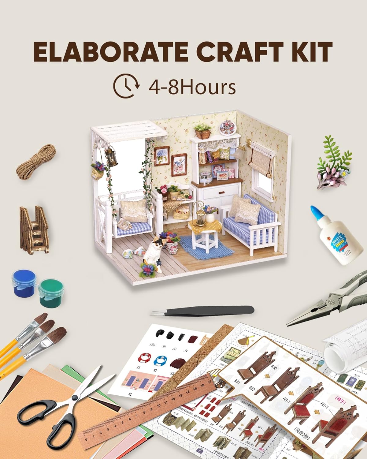 DIY Miniature House Kit – Mini Doll House Model Tiny Home Build Dollhouse Diorama Craft Kit with LED Dust Cover for Beginners Christmas Halloween Holiday Birthday Gift for Adult(Cat Room)