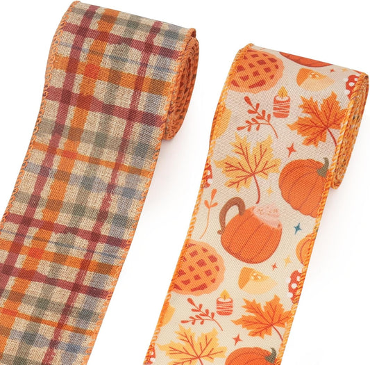 2 Rolls Fall Pumpkins Ribbons for Bows, Thanksgiving Wired Edge Ribbon Autumn Maple Leaf Burlap Ribbons for Gift Wrapping Fall Thanksgiving Decoration Supplies