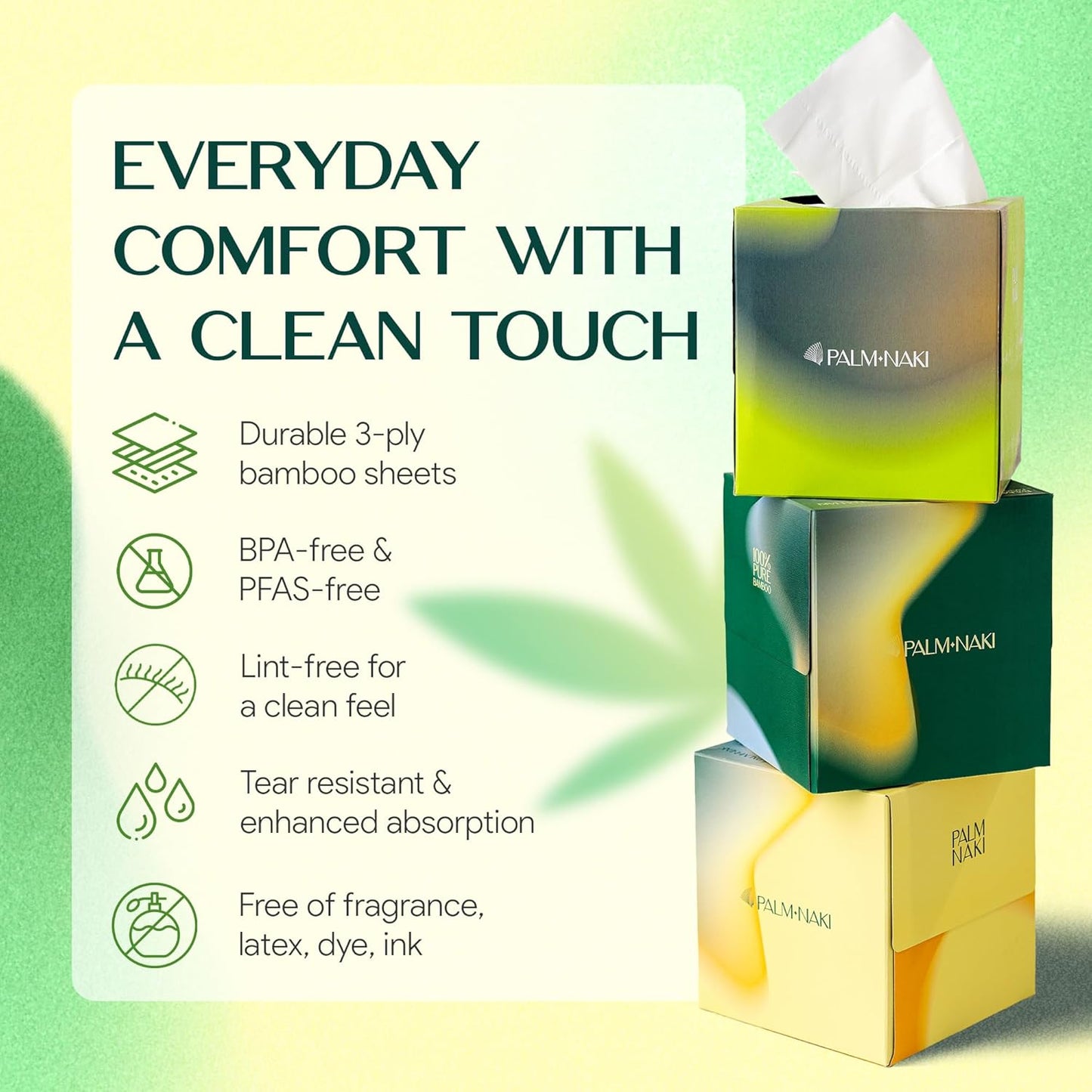 Bamboo Facial Tissue | 3-Ply Strong | Lint-Free, Fragrance-Free | Gentle for Sensitive Skin | BPA & PFAS-Free, FSC Certified | 8 Cube Boxes (480 Sheets) | PALM NAKI