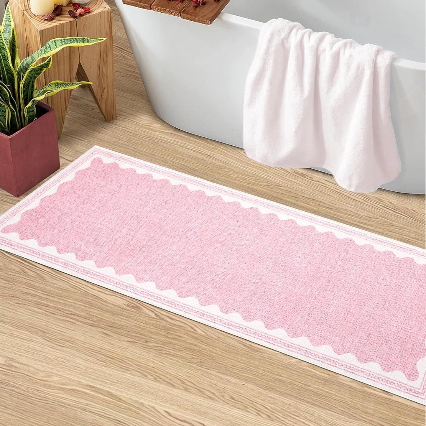 Scalloped Rug 2x6 Runners for Hallways, Solid Pink Runner Rug Non Slip Scalloped Bath Runner, Washable Rugs for Bedroom Girls, Rugs for Kitchen Floor Soft Dorm Nursery Carpet for Bedside