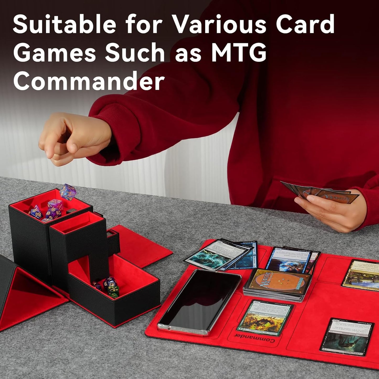 Dice Tray & Dice Tower Storage Box, 3 in 1 Dice Holder Case (Dice Rolling Tray, Dice Rolling Tower, Dice Storage Drawers), Leather Magnetic Closure DND Accessories Gifts for RPG MTG, Black/Red