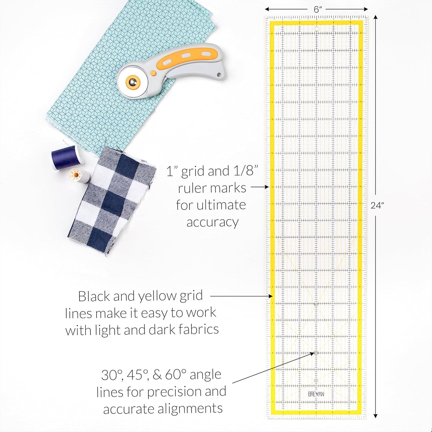 Breman Precision Quilting Rulers – 6x24 Inch Clear Acrylic Rulers for Quilting and Sewing – Laser-Cut Edge, Easy-Read Grid Lines, Angled Markers – Fabric Guide for Left & Right-Handed Users