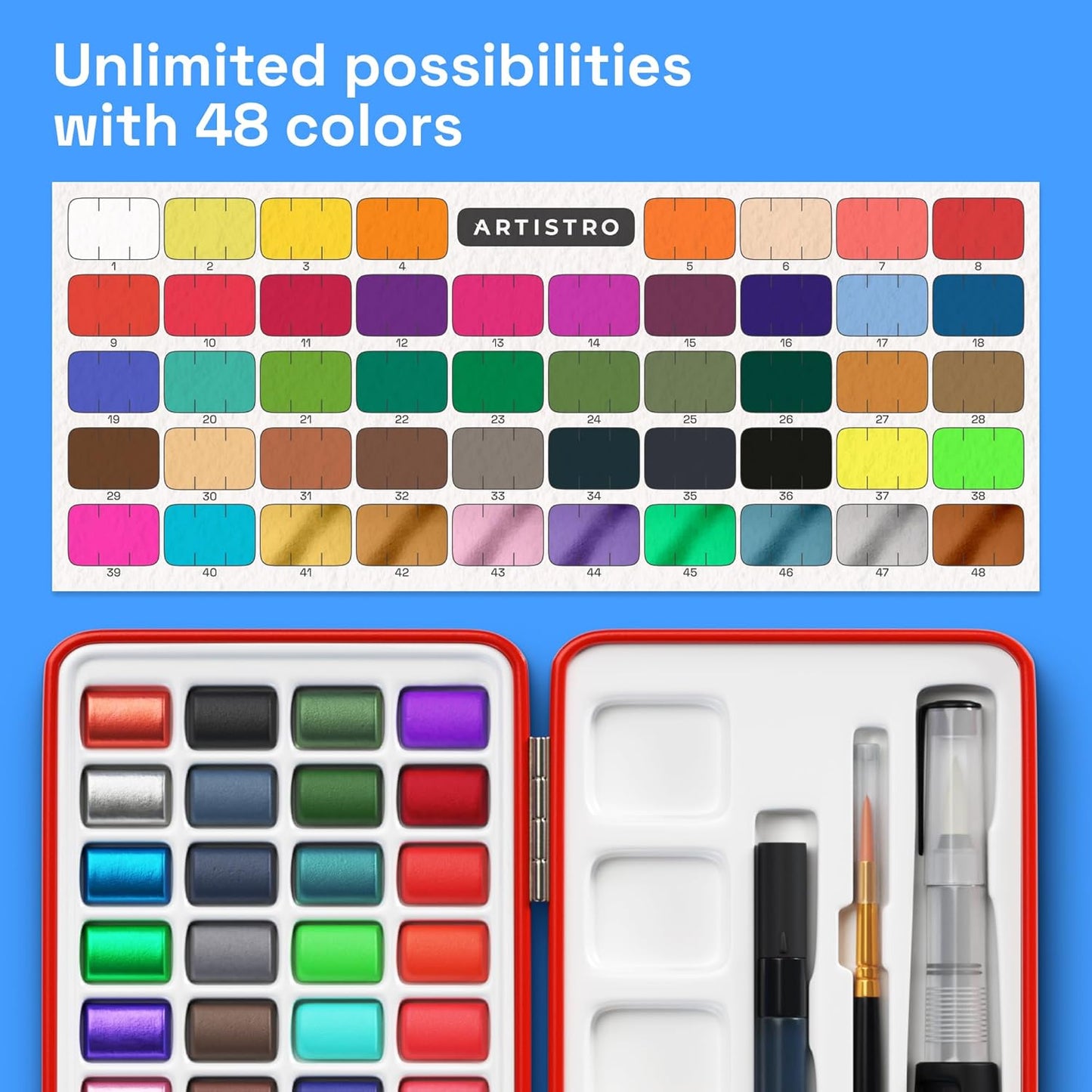 ARTISTRO Watercolor Paint Set in Portable Box, Includes Metallic and Fluorescent Paints, 2 x Brushes, Watercolour Paper, Acrylic Markers, Travel kit for Artist and Beginners