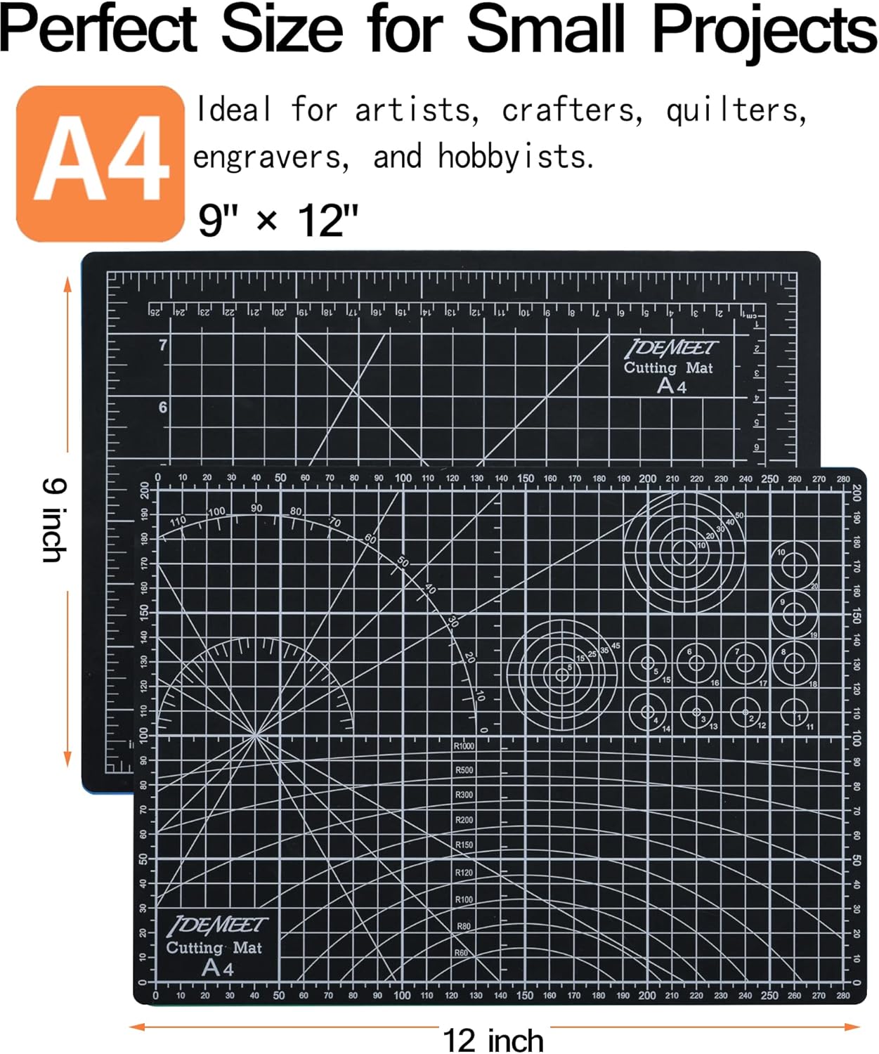 Density-upgraded 9"x12" Self Healing Cutting Mat, Idemeet Rotary Sewing Mat for Crafts, 5-Ply Blade Table Protector Cut Board for Fabric Leather Cutting Quilting Modeling Hobby Project, A4, Black