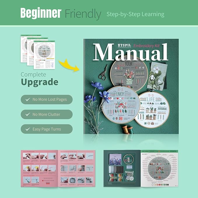ETSPIL Embroidery Kit for Adult Beginners, 3-Pack 33-Stitch Practice Samplers, Pre-Stamped Patterns, 7.8-Inch Hoop, Threads & Needles, Step-by-Step Guide & Video, DIY Needlework Craft Gift for Women