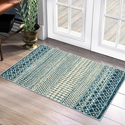 Geometric Moroccan Small Rug 2x3, Soft Non-Slip Distressed Retro Blue Rug Front Door Mat, Machine Washable Kitchen Rug Indoor Door Mats for Entryway Bedroom Bathroom Kitchen