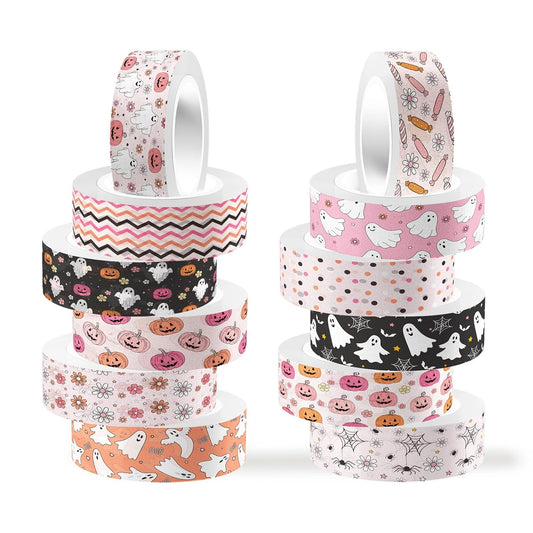 12 Rolls Halloween Washi Tape, Cute Ghost Pumpkin Spiders Masking Tape Boho Holiday Decorative Tapes Set for Scrapbooking, DIY Crafts, Party Decor 16.4FT