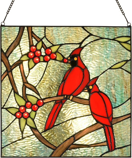 PA0008 Cardinal Stained Glass Window Panel- Tiffany Style Window Hanging- Red Bird Ornaments -12" Wx12 H Suncatcher- Wall Decorations for Home Office