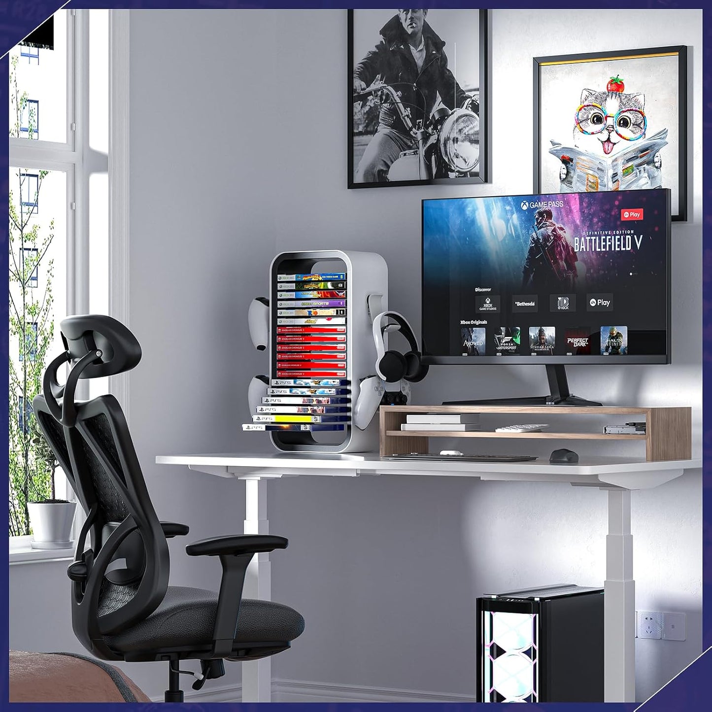 Allnice Universal Game Rack - Stores 19 Games, 4 Controller Holders, Organizes PS5/PS4/Xbox One/360/Series X/S/Switch & More