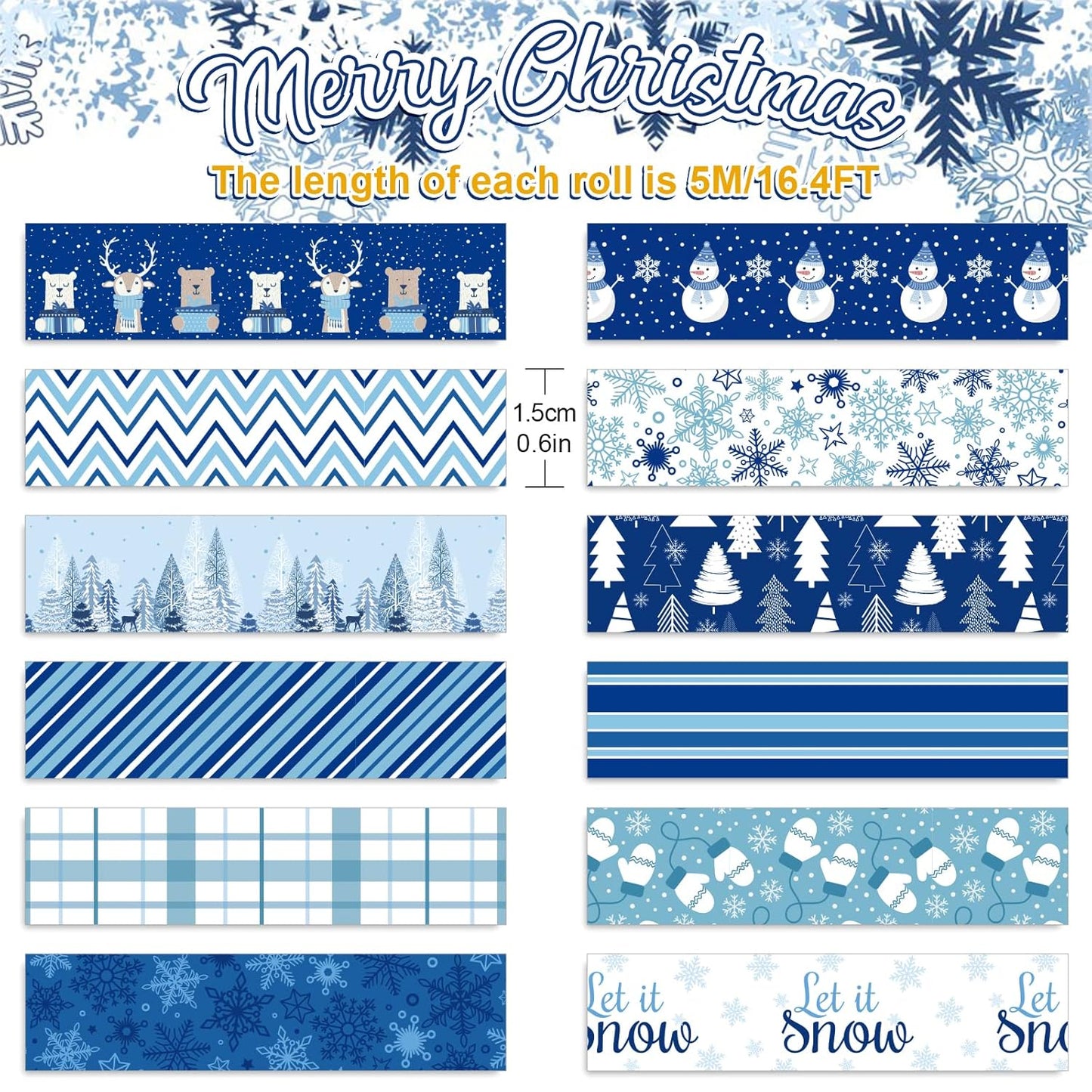 Whaline 12 Rolls Winter Washi Tape Blue White Snowflake Snowman Holiday Masking Tape Xmas Tree Reindeer Assorted Pattern Washi Tape for Scrapbook Journal DIY Craft Gift Wrapping Party Decor