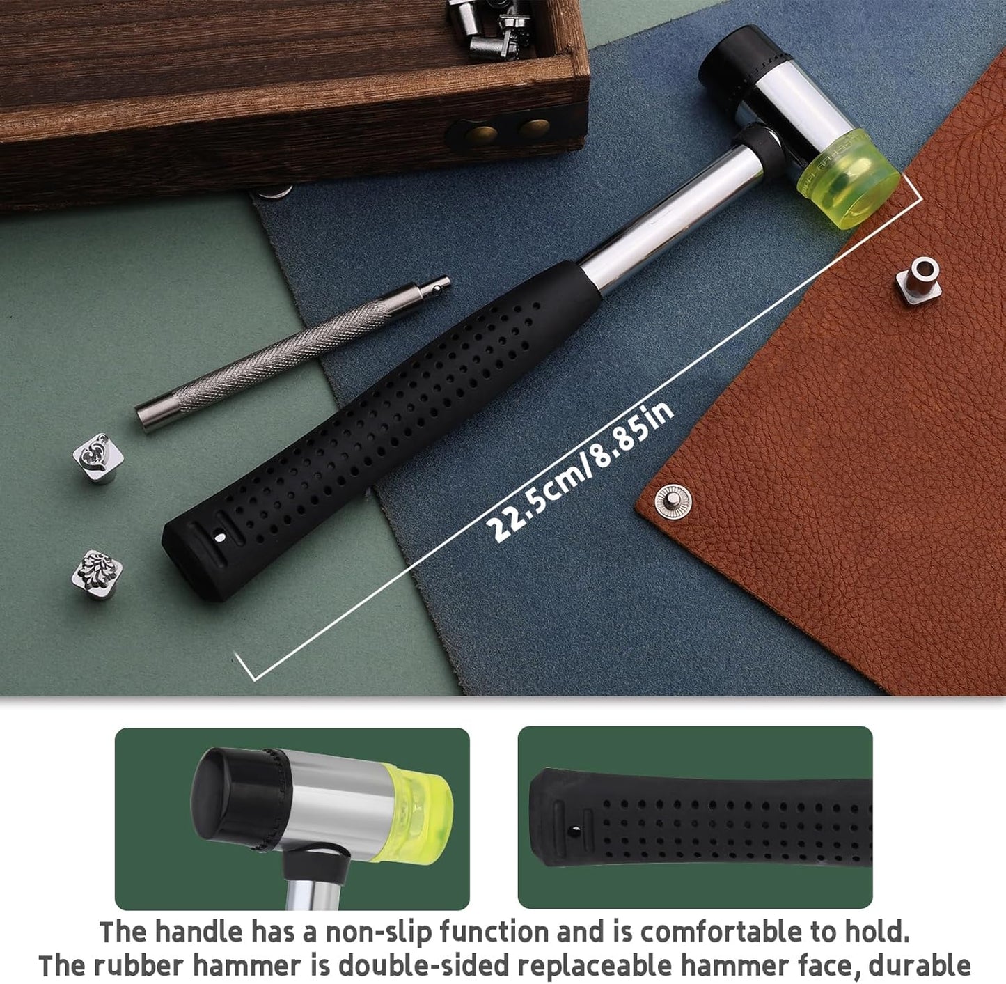 Leather Craft Stamping Tools, Leather Stamping Kit with 12 Tangcao Patterns Stamp and Punch Tools and 25mm Hammer and 3 thimbles for Craft Stamps