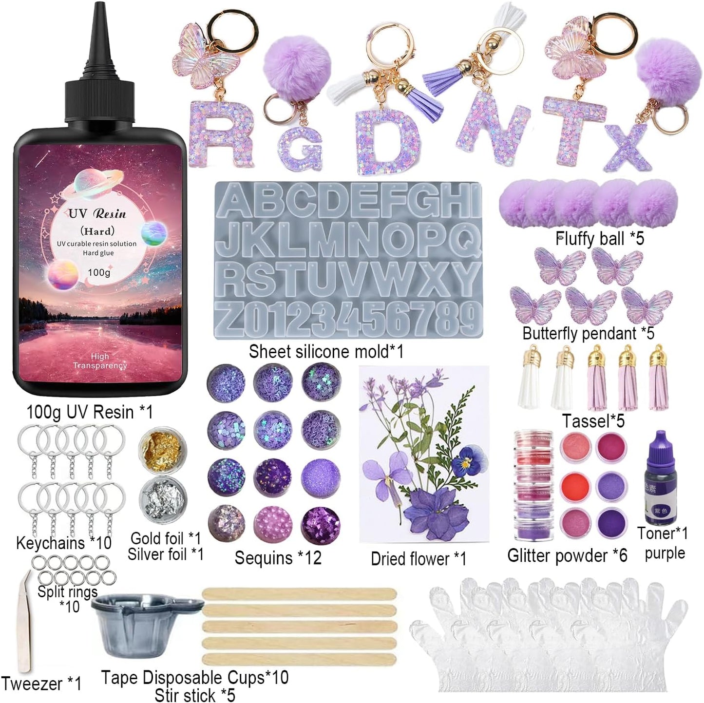 YV-cozx UV Resin Jewelry Making Kit,Crystal Clear Resin with 26 Letter Molds and Casting Tools,DIY Jewelry Making Kit for Necklace,Keychain,Earring (Purple Letter)