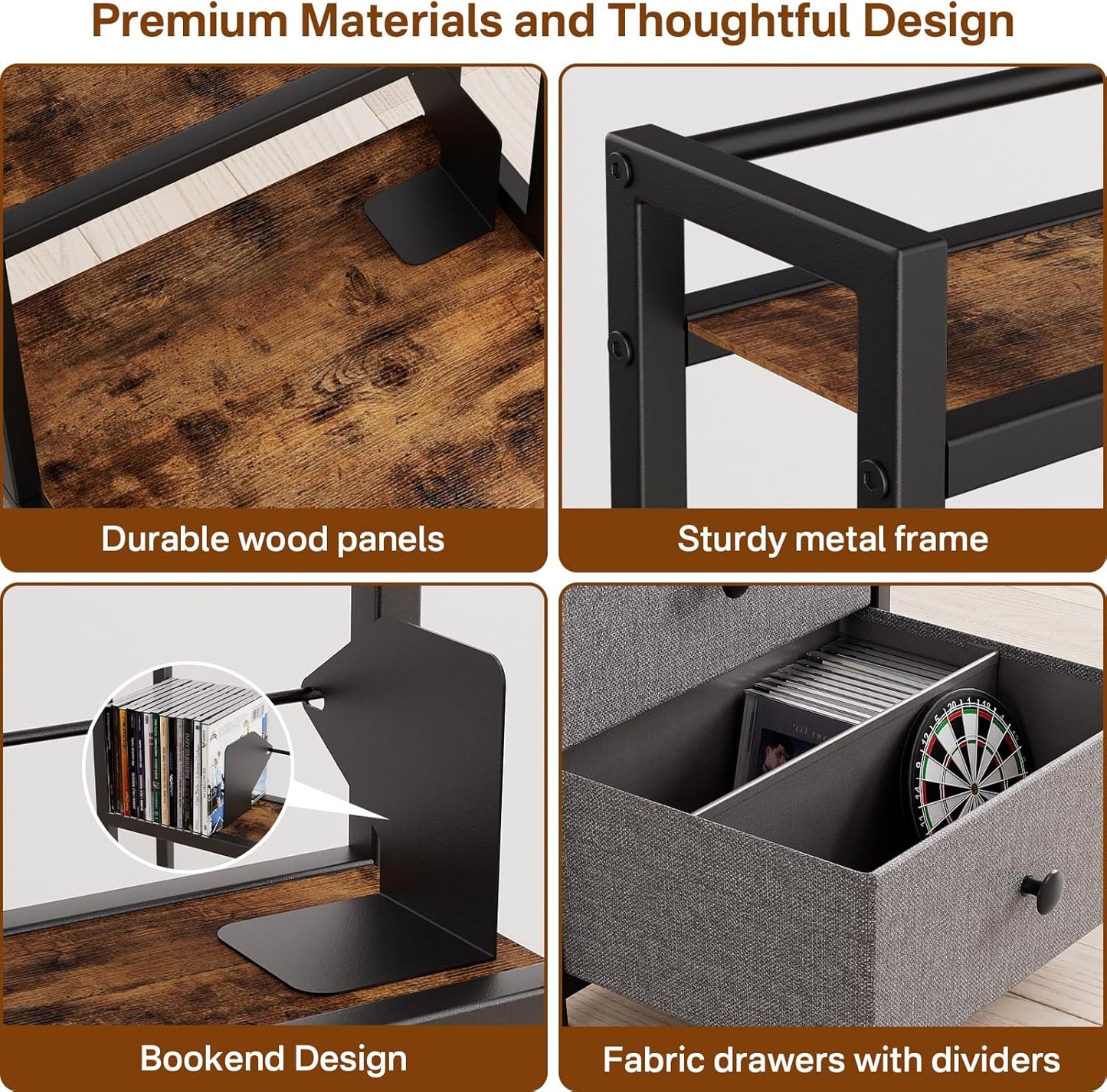CD Storage Rack with Drawer, 5-Tier DVD Organizer Shelf w/Adjustable Book Stoppers, Media Storage Rack for CD/DVD, Books & Games, Ideal for Living Room & Home Office – 15.7x11.8x56.5Inches