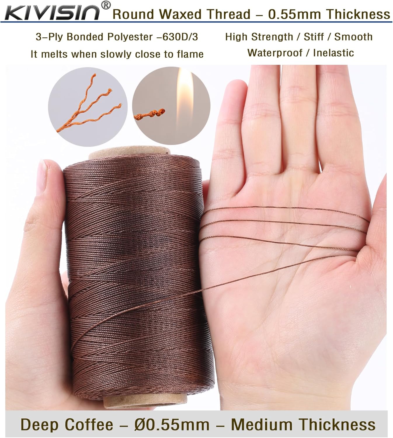 Sturdy Bonded Waxed Polyester Thread, 0.55mm, 437 Yards Wax String Cord - Deep Coffee for Leather, Hand Sewing, Stitching, Bookbinding, Beading, Bracelets and Macrame Jewelry Making
