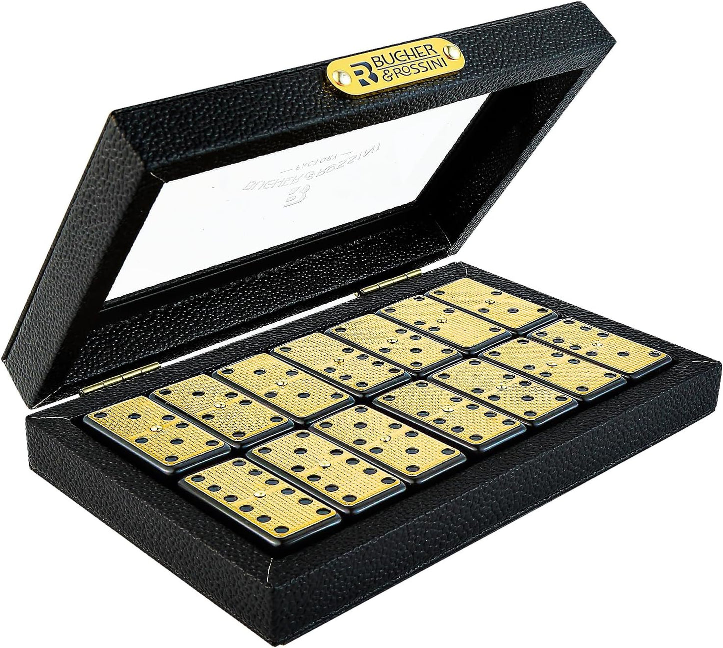 Bucher&Rossini Metal Surface Dominoes Set Double 6 for Adults and Kids - Classic 28Pieces Gold Metal Surface Domino's Game Set Idea Gift Present for Domino Players or Family Game Night