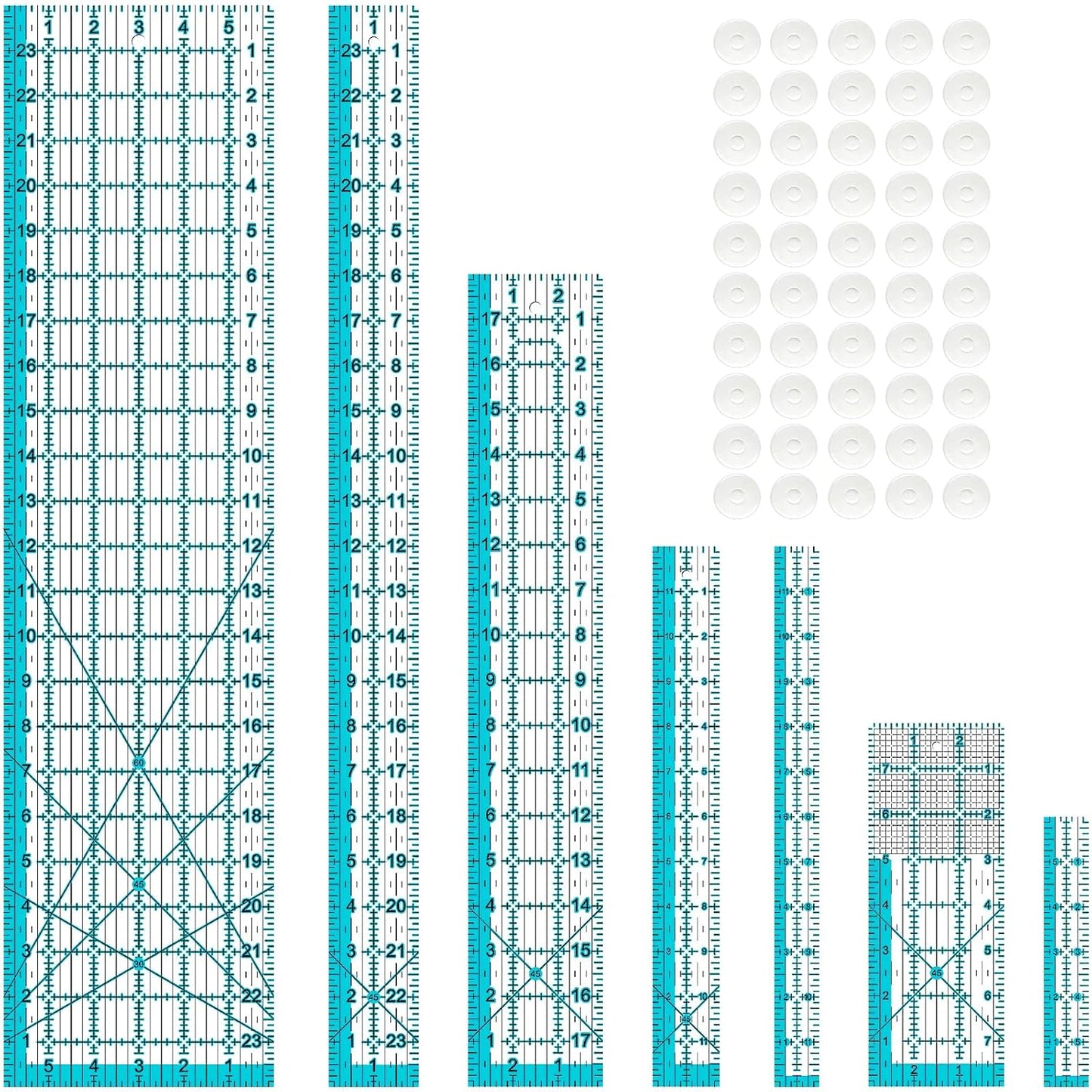 Acrylic Ruler 7 Piece Set, Non Slip Rings 50 Pieces, Quilting Rulers, Size (6"x24"), (2"x24"), (3"x18"), (3"x8"), (1.5"x12"), (1"x12"), (1"x6") (Blue-7 Piece Set)